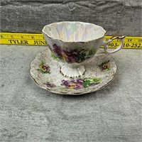 Vtg Iridescent Floral Porcelain Teacup & Saucer