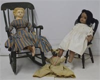 GROUP OF 3 ANTIQUE DOLLS / 2 CHAIRS