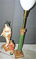 (2) Oriental Dolls, Brass Table Lamp