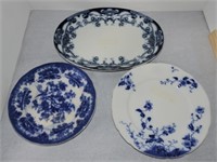 Flow blue platter and 2 plates