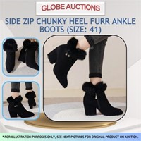 SIDE ZIP CHUNKY HEEL FURR ANKLE BOOTS (SIZE: 41)