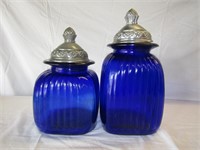 2 Cobalt Blue Canisters Larger is 13" T