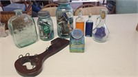 Lot of vintage glass bottles and jars & key holder