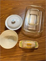 butter dish, 2 pryex dishes, bowls
