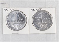 (2) 1751-1951 CANADA BIG NICKELS 5 CENT COINS