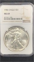 1986 NGC MS69 Silver Eagle 1oz, First Year Minted