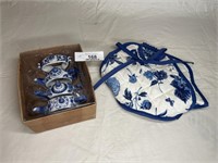 Blue & White napkin rings and plate holder