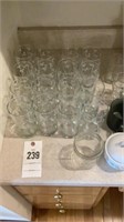Glasses, cups, sugar bowl, creamer 
Mason jar,