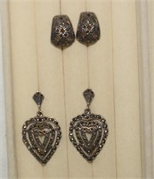 Two Sterling & Marcasite Earrings/Heart Marked ND