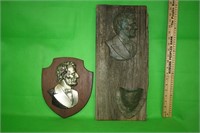 2 Lincoln plaques, Bronze on wood with wall pocket