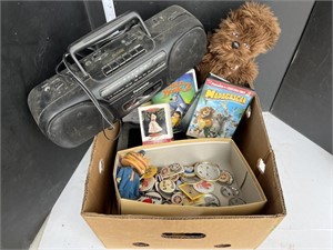 Box lot- stereo, DVDs, Barbie ornament, misc
