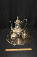 Silver-Plated Tin Server, Coffee Pot, S&C, & Tray