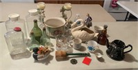 Vintage bottles, jars, tea pot, green handle