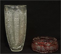 Brilliant cut glass vase and Red cut to clear bowl