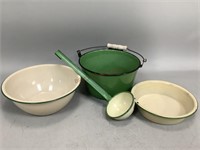 Beige and Green Enamelware Kitchen Items
