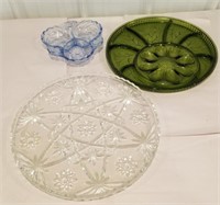 3 glass plates, green egg plate with dividers,