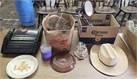 Musical bears box, cowboy hat, Pyrex pie plate,