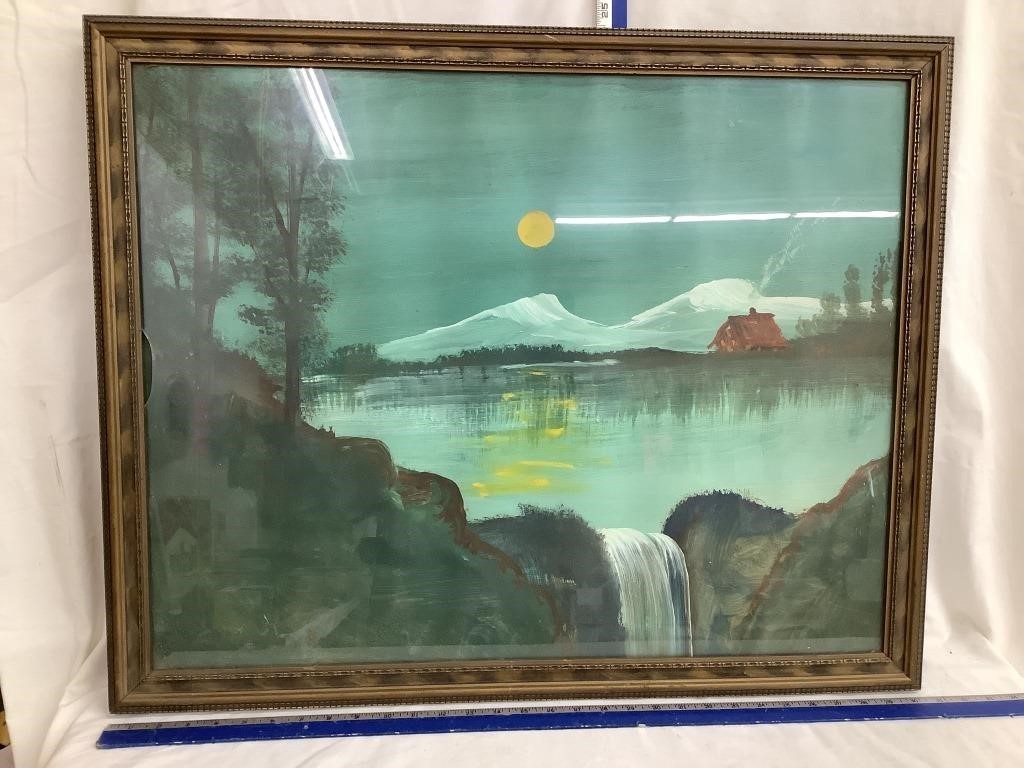 Cabin & Lake Scene Painting, Frame is 30 1/2”W,