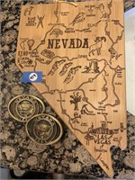 WOOD NEVADA CUTTING BOARD & 2 BRASS BELT BUCKLES