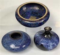 Ceramic Oil Lamp Vase & Enamel Bowl