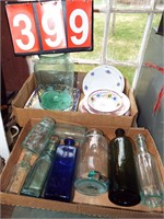 box asst. bottles & china plate