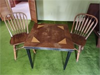 Vintage Inlaid wooden collapsible card table & cha