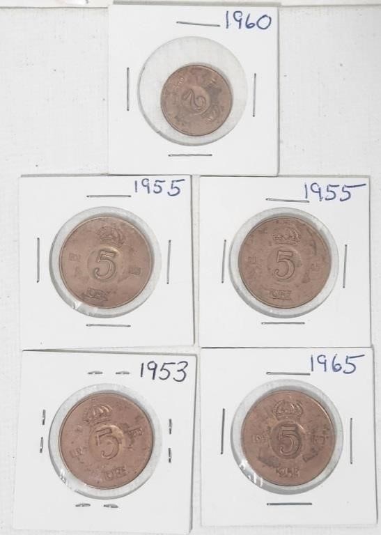 Sweden Bronze Coins ORE Gustaf VI Adolf-5x Various