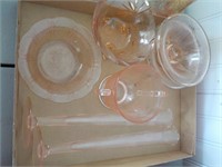 pink depression glass, pair of candle holders,