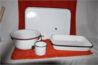 EARLY BLACK & RED RIM ENAMELWARE LOT