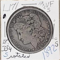 1892S Morgan Silver Dollar semi key slightly