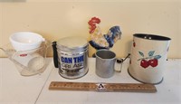 Measuring Cups, Vintage Sifter, Rooster Trivet,etc