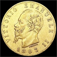 1863 Italy .1867oz Gold 20 Lire NEARLY
