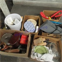 Glass pan, jewlery box, purses, fan, knives