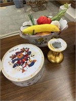 glass dish, fruit decor, tin etc