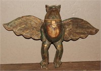 hand carved flying wooden frog, painted and