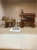 Cast Iron Overland Circus Wagon Horses and Driver