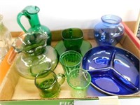 Blue and green glass dishes