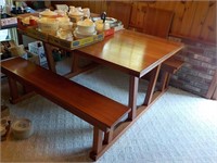 Custom made cherry table/benches Attached benches