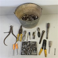Assorted Sockets, Tools, Metal Bucket