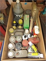 Box of Misc Stuff: Paints, driveway repair, bug kr