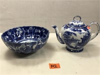 Antique Blue Pattern Bowl and Tea Pot