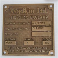 Bronze/brass Wadkin LTD. England plaque.