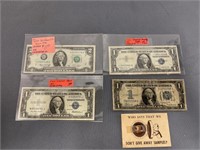 $1 Silver Certificates & $2 Bill