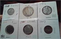 1901 Barber half dollar +3 v nickels, 2 indian hds