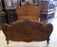 Rococo Flourish Carved Louis XV Style Walnut Bed.