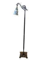 Bronze Patina Bridge Lamp w Painted Floral Shade