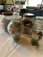 4 jars of sewing items, trinkets, misc
