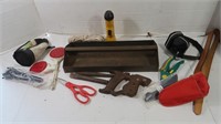Vintage Metal Tool Tray, Hand Saw Handle, Chisel