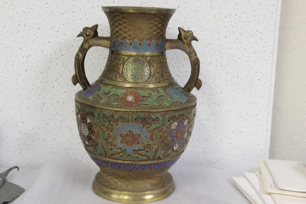 A Japanese Enamel Brass or Bronze Urn