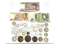 30+ Foreign Coins & 3 Bills